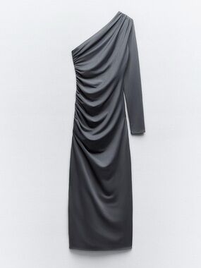 Zara One-Shoulder Draped Gray Maxi Dress